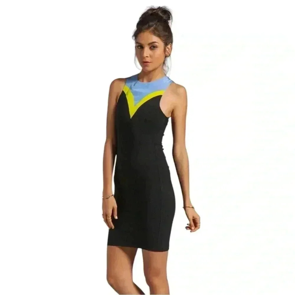 Naven Siren Tricolor‎ Black/Periwinkle/Chartreuse bodycon stretch dress Size M